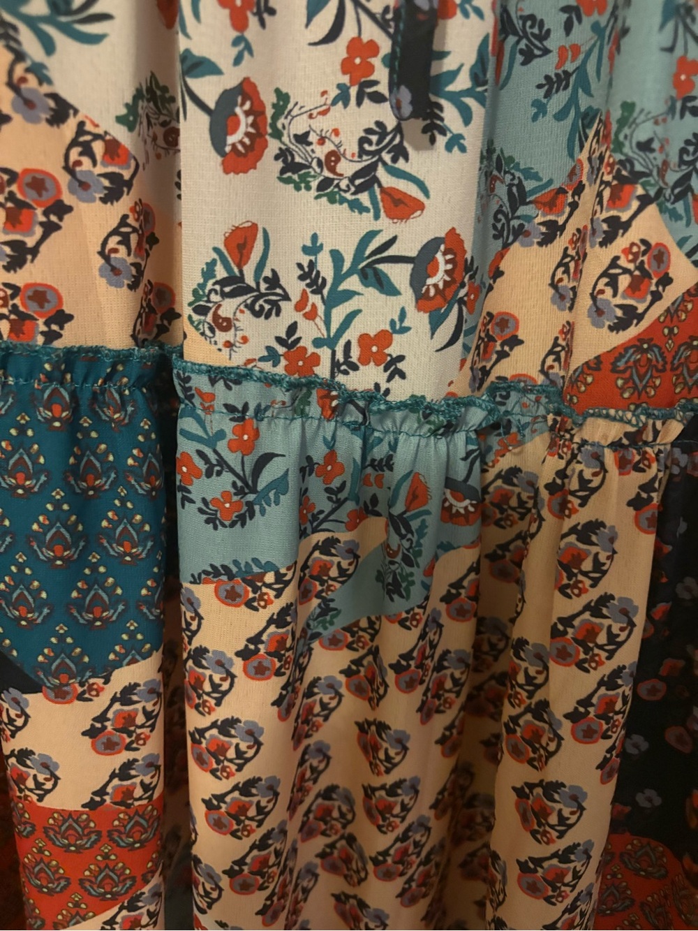 Boho Patchwork Maxi Skirt - Teal, Rust & Cream. Size medium. - Picture 3 of 7
